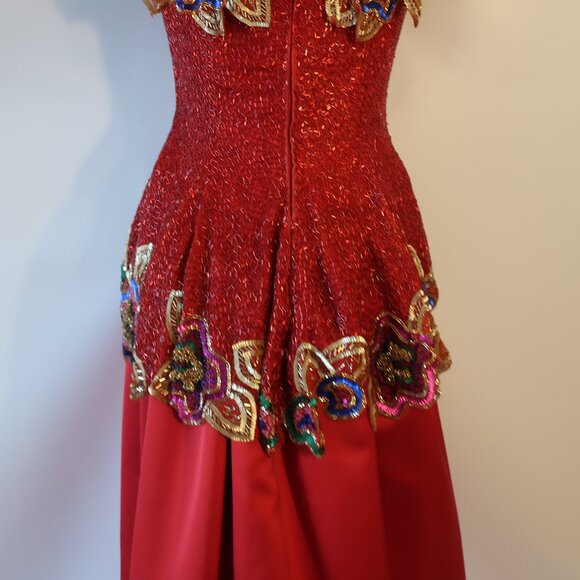 Womens Fabrice Silhouette Red Gold Beads Sequin Silk Satin Formal Gown Dress 10* - Picture 13 of 16